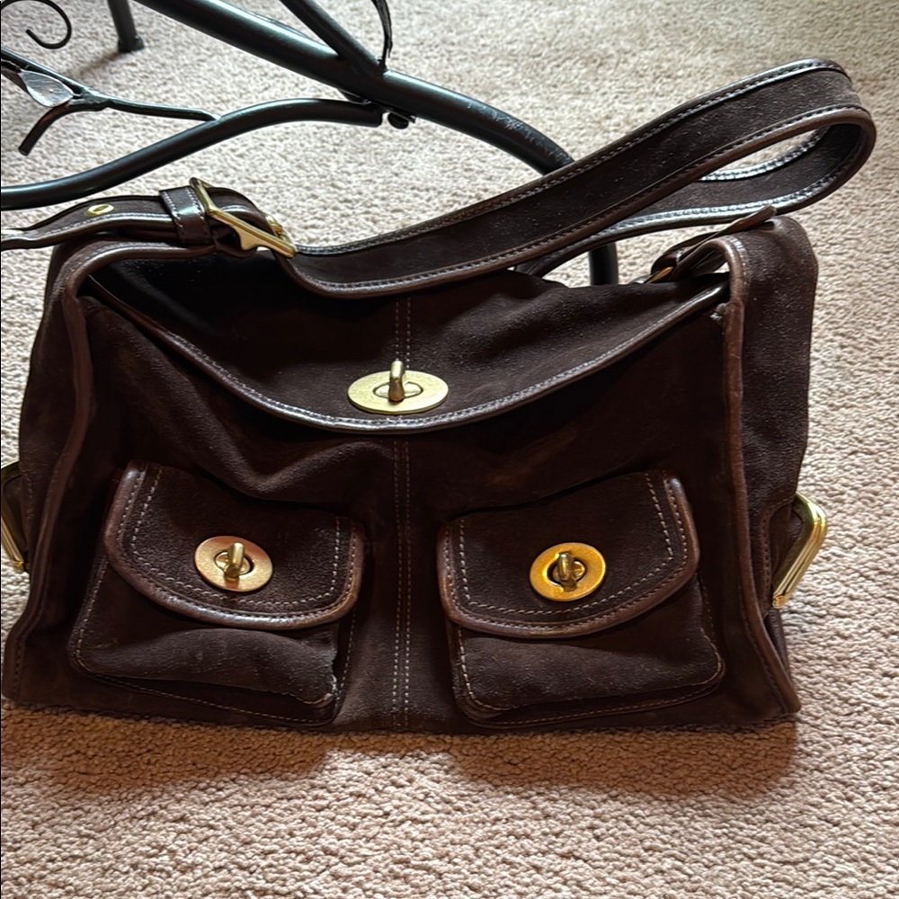 Coach suede, Chocolate Brown Bleerer Haverstad Shoulder Bag with Gold Accents